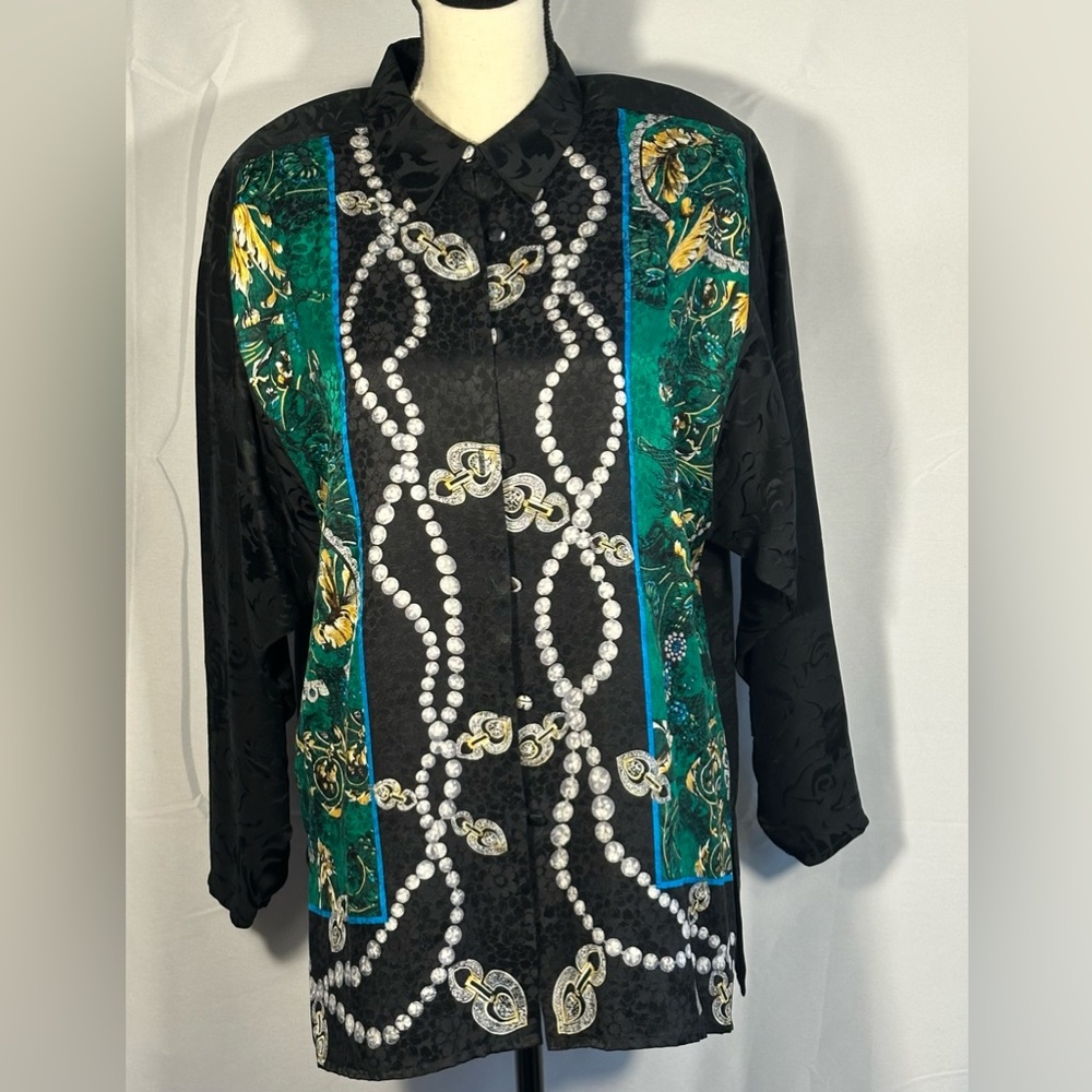 Vintage Diane Freis 100% Silk Blouse, L XL,  Button Up Tunic‎ Jacket, 1980’s